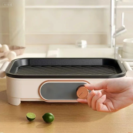 Compact Electric Grill Pan, Multifunctional Non-Stick BBQ Griddle with Adjustable Temperature, Home Hot Pot & Korean Barbecue Cooker